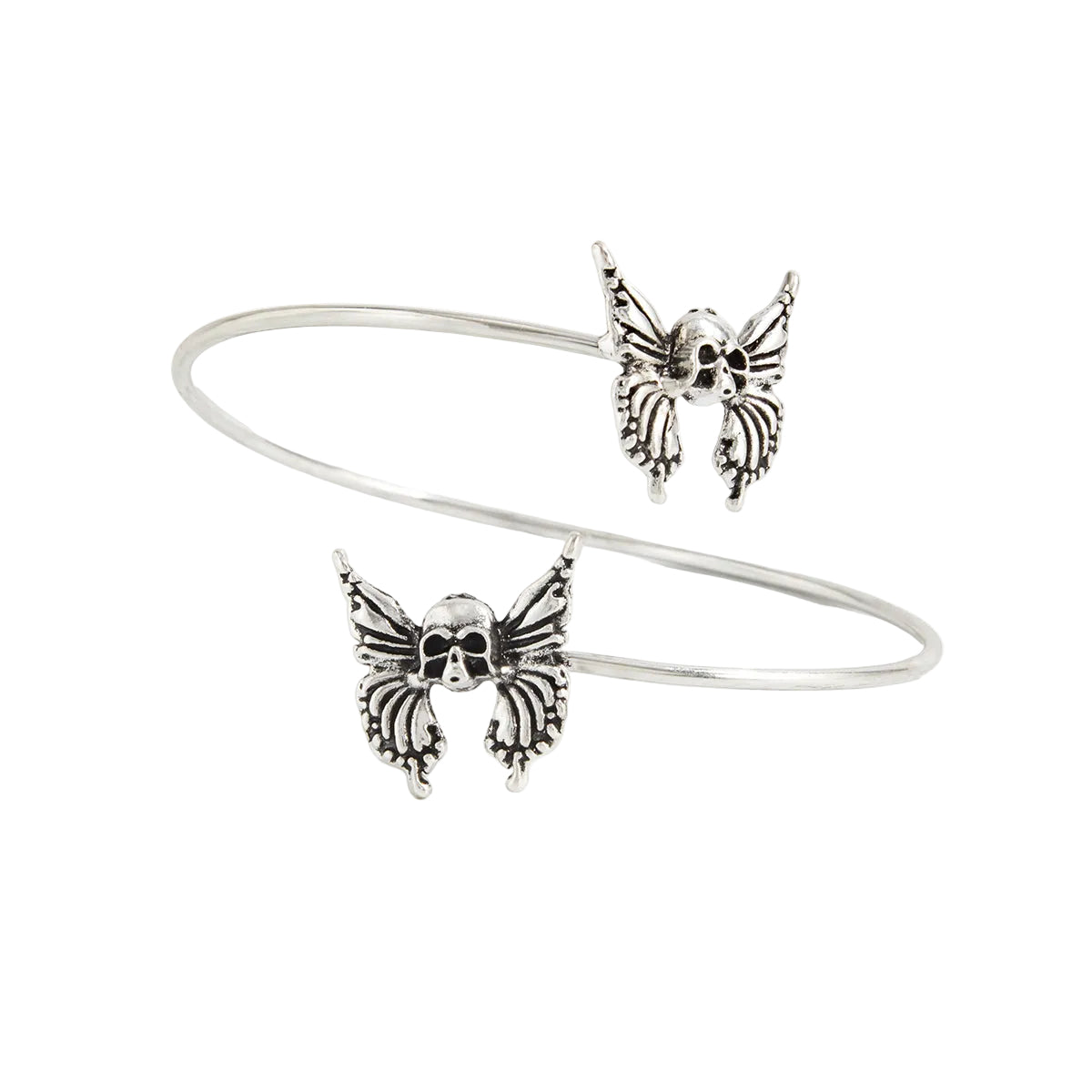 Silvertone Dual-Skull-Butterflies Bypass Arm Cuff, everyday style, front view