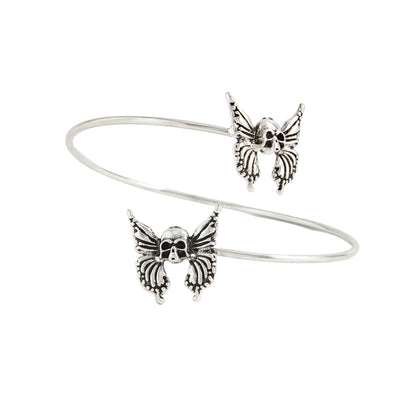 Silvertone Dual-Skull-Butterflies Bypass Arm Cuff, everyday style, front view