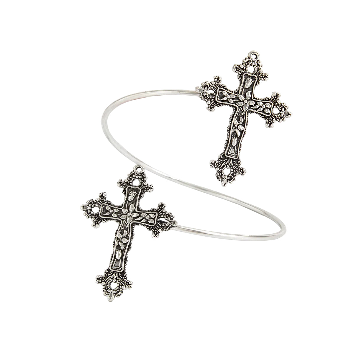 Silvertone Dual-Floral-Cross Bypass Arm Cuff, botanical inspired, front view