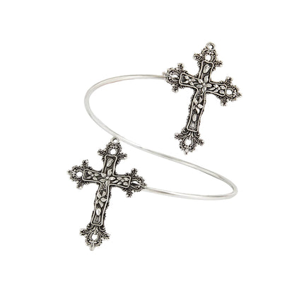 Silvertone Dual-Floral-Cross Bypass Arm Cuff, botanical inspired, front view