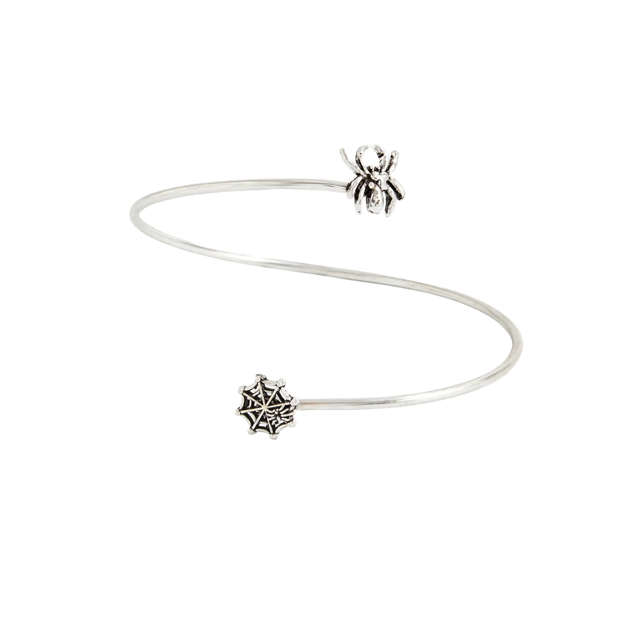 Silvertone Spider and Web Bypass Arm Cuff, dainty minimalist design, front view