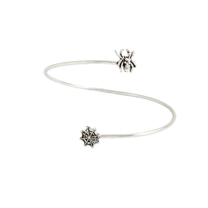 Silvertone Spider and Web Bypass Arm Cuff, dainty minimalist design, front view