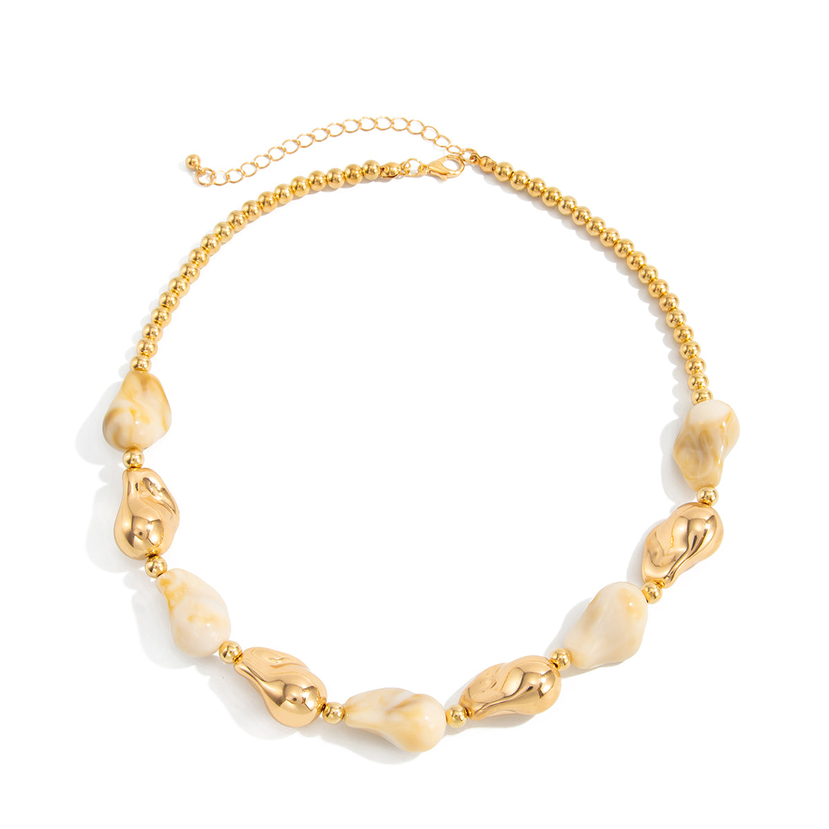 Beige Resin and Goldtone Irregular Drop Station Collar Necklace, elegant gift for her, front view