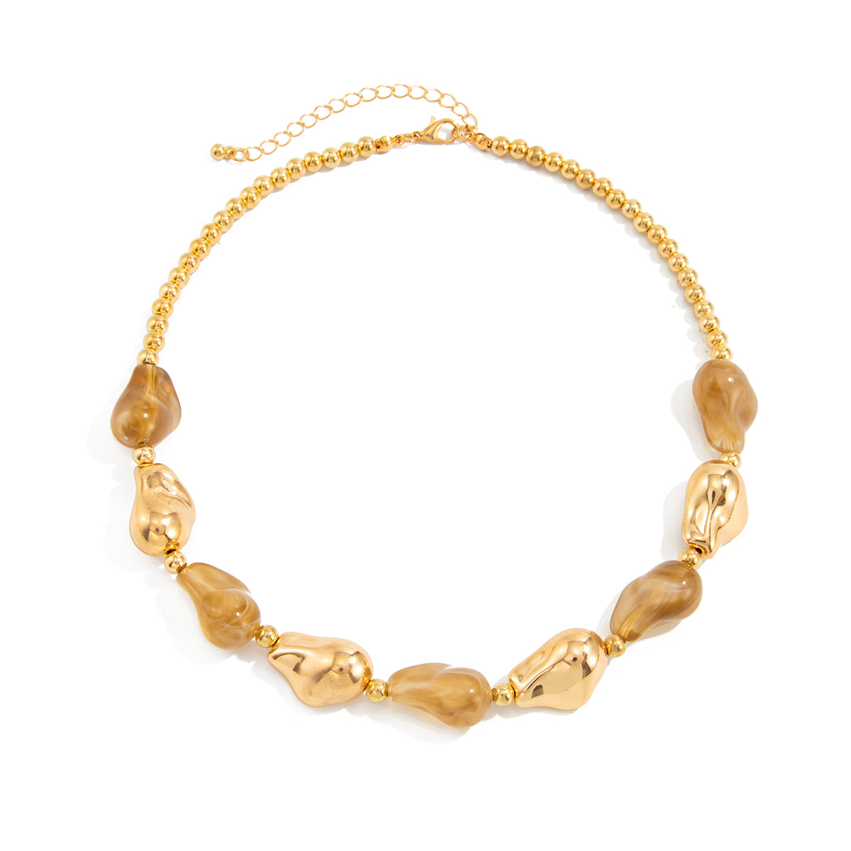 Light Coffee Resin and Goldtone Irregular Drop Station Collar Necklace, dainty minimalist design, front view