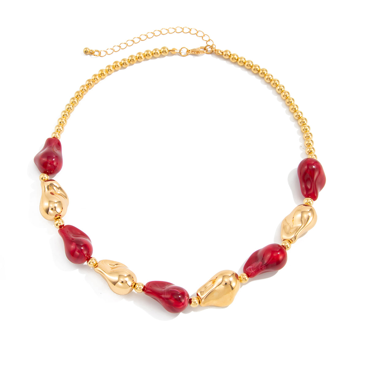 Wine Red Resin and Goldtone Irregular Drop Station Collar Necklace, dainty minimalist design, front view