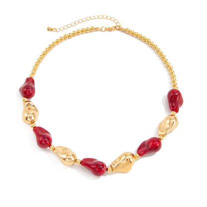 Wine Red Resin and Goldtone Irregular Drop Station Collar Necklace, dainty minimalist design, front view