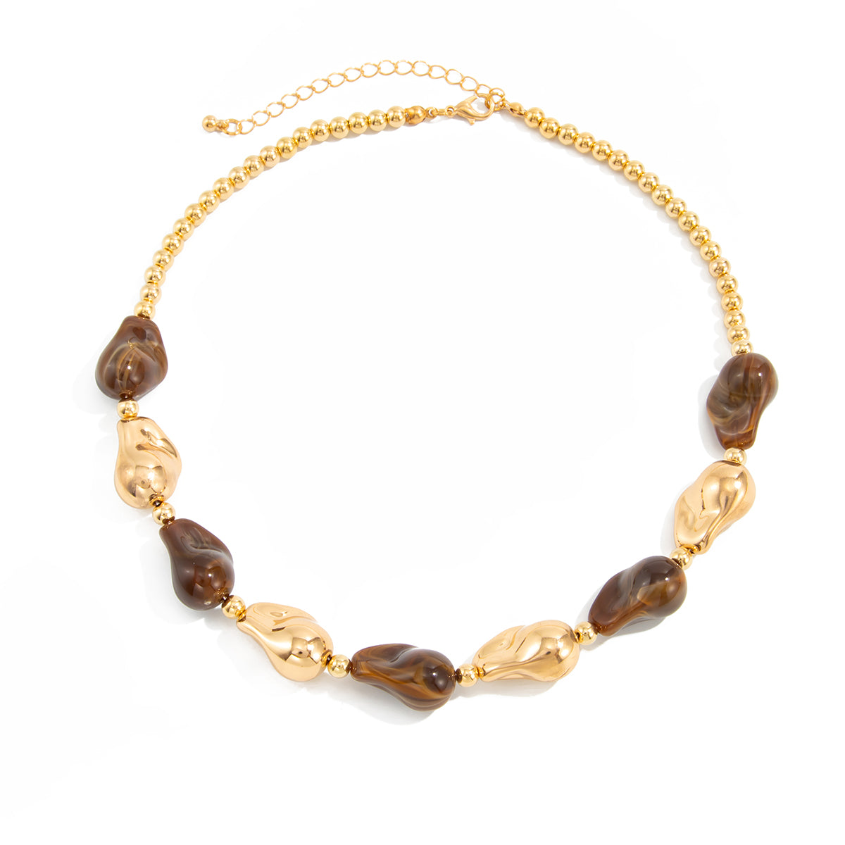 Brown Resin and Goldtone Irregular Drop Station Collar Necklace, botanical inspired, front view