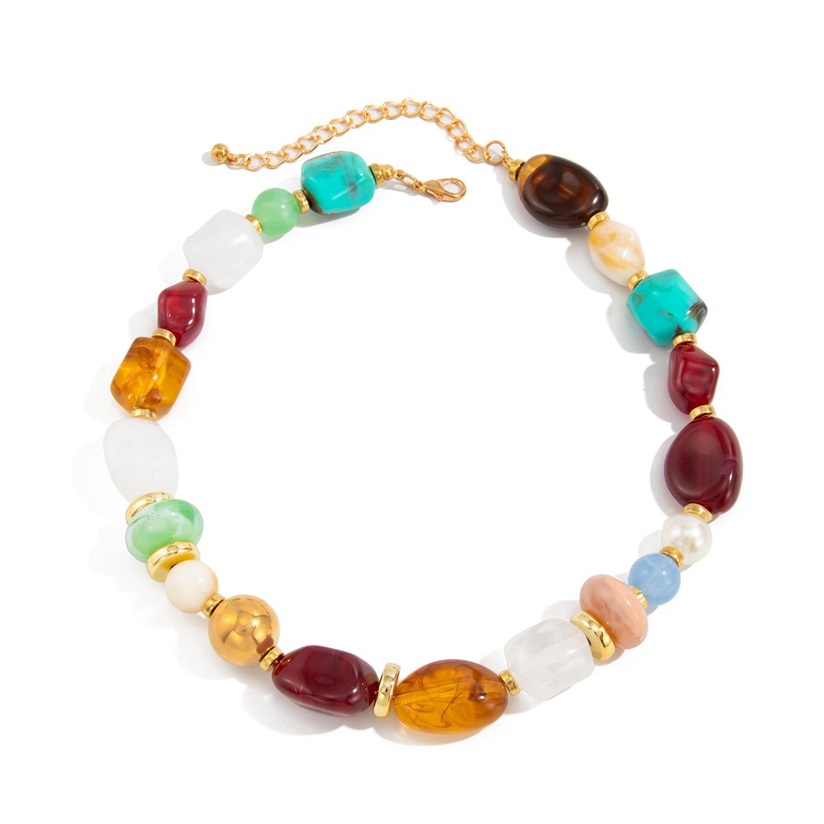 Multi-Colored Resin and Goldtone Irregular Bead Collar Necklace, elegant gift for her, front view