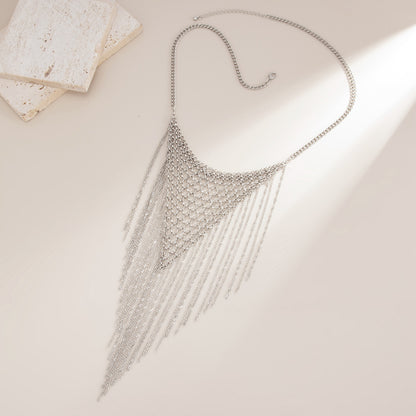 Silvertone Netted Rhombus Tassel Necklace, elegant gift for her, side view
