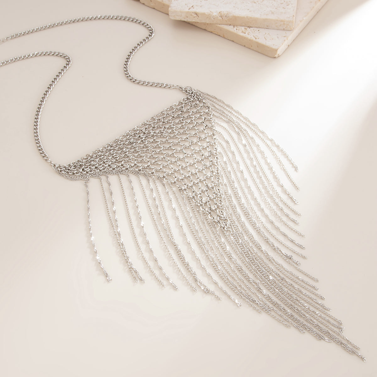Silvertone Netted Rhombus Tassel Necklace, elegant gift for her, detail close-up