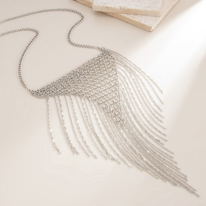 Silvertone Netted Rhombus Tassel Necklace, elegant gift for her, detail close-up