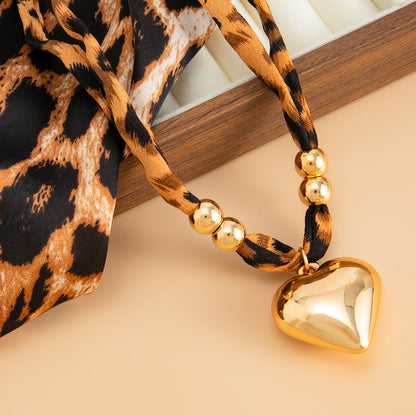 Polyster and Goldtone Leopard Print Heart Pendant Necklace, everyday style, detail close-up