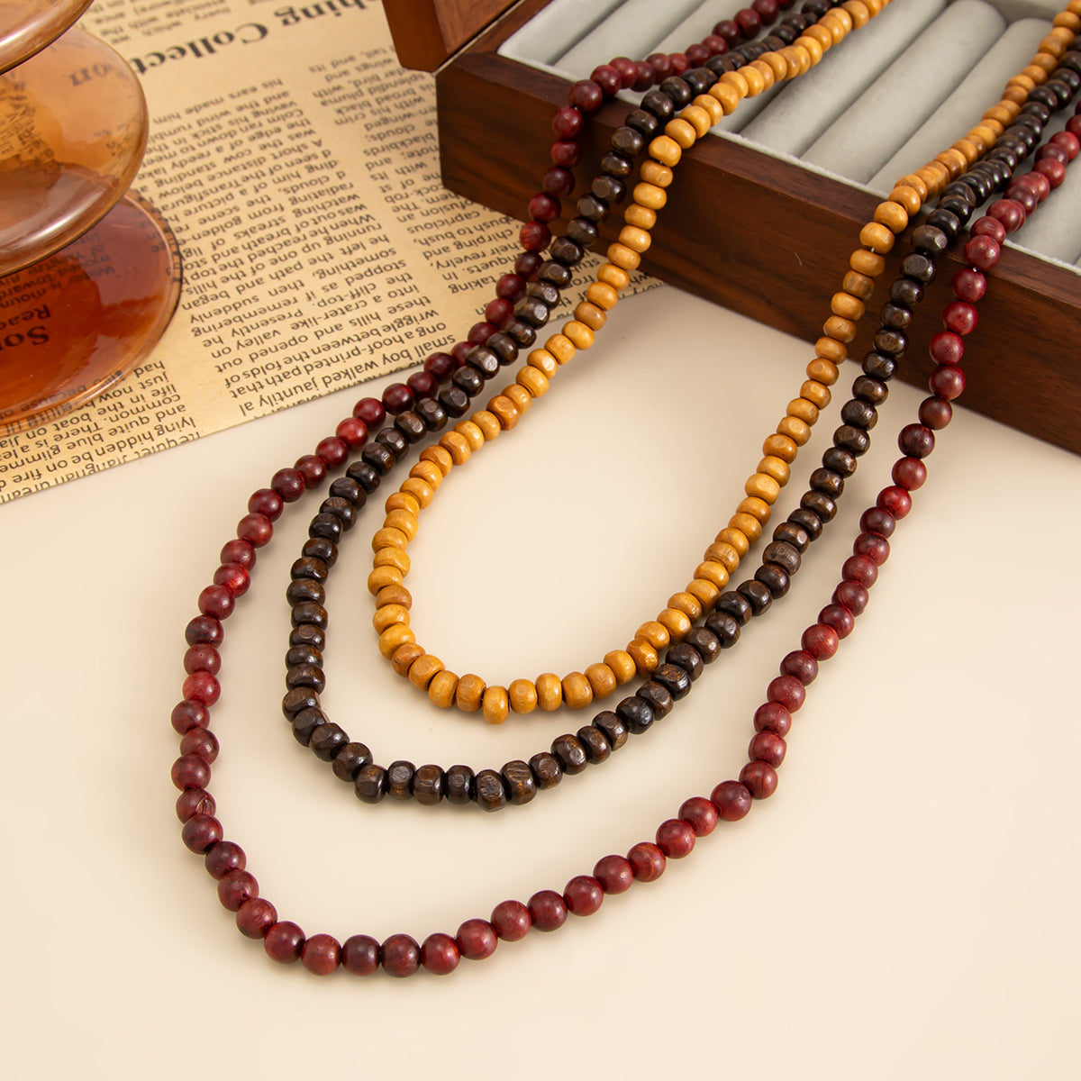 Multi-Colored Wood and Goldtone Beaded Chain Layered Necklace, everyday style, side view