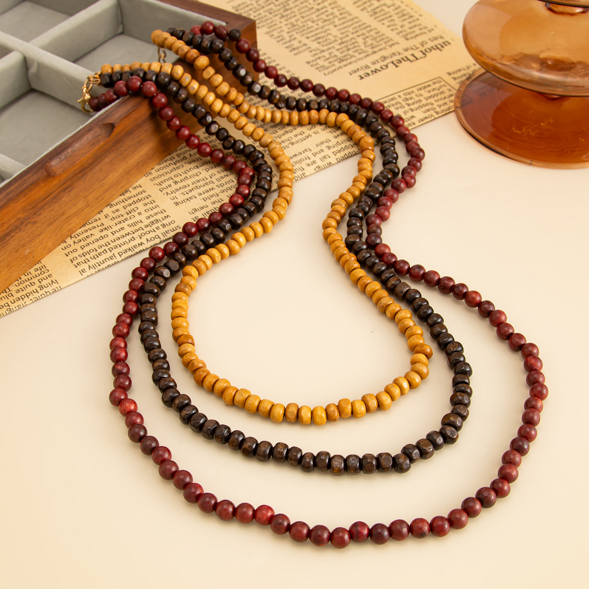 Multi-Colored Wood and Goldtone Beaded Chain Layered Necklace, everyday style, detail close-up