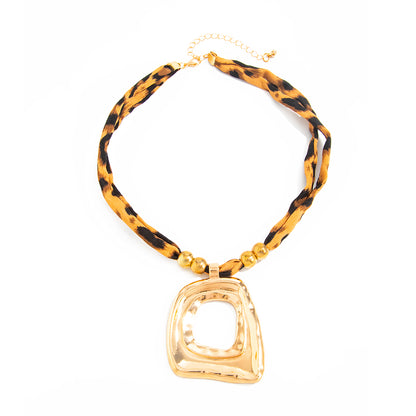 Polyster and Goldtone Leopard Print Open Trapezium Pendant Necklace, dainty minimalist design, front view