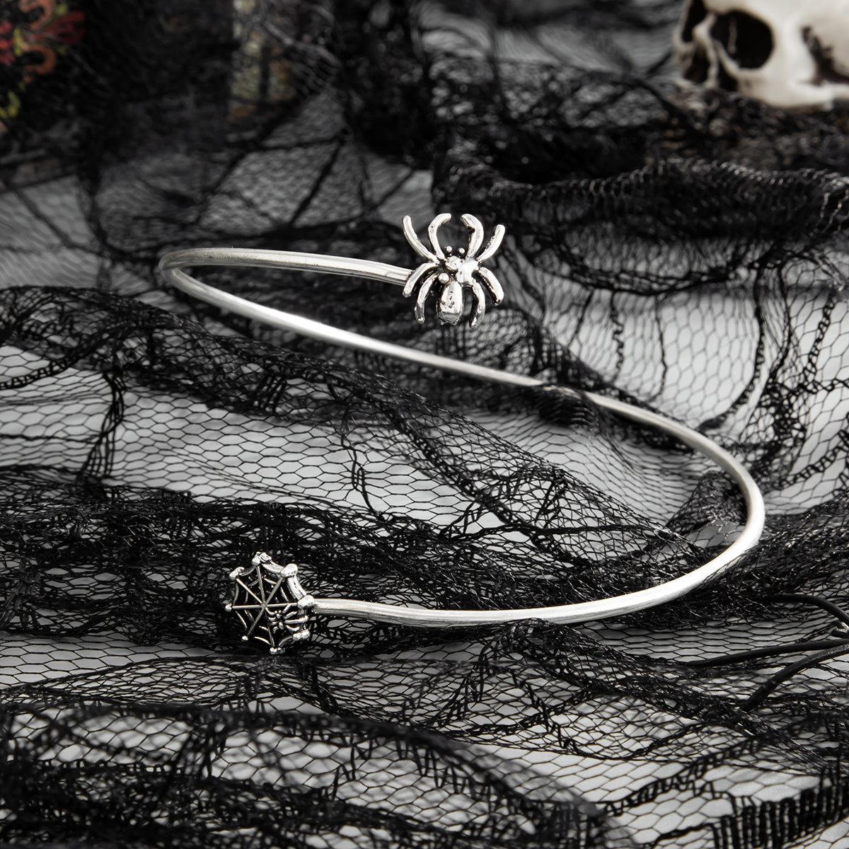 Silvertone Spider and Web Bypass Arm Cuff, dainty minimalist design, side view