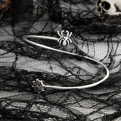 Silvertone Spider and Web Bypass Arm Cuff, dainty minimalist design, side view