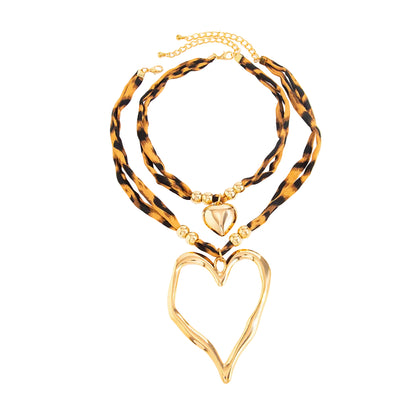 Polyster and Goldtone Beads Heart Pendant Statement Necklace Set, gold pendant necklace for women, front view