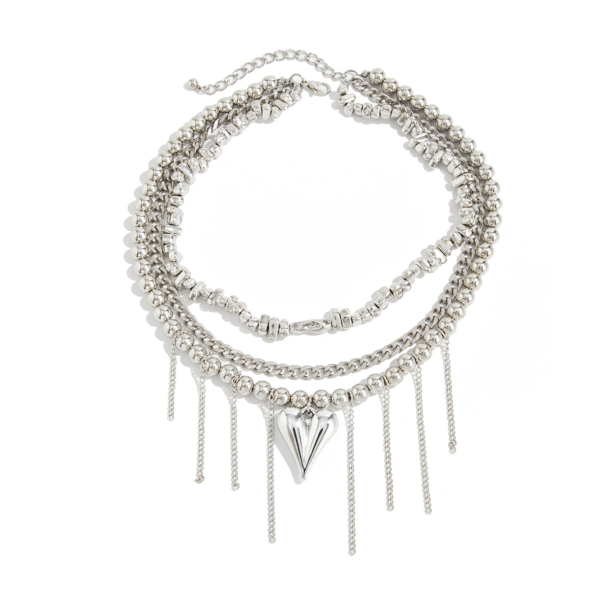 Silvertone Beaded Chain Heart Pendant Tassel Layered Necklace, everyday style, front view