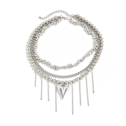 Silvertone Beaded Chain Heart Pendant Tassel Layered Necklace, everyday style, front view