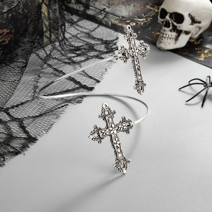 Silvertone Dual-Floral-Cross Bypass Arm Cuff, botanical inspired, side view