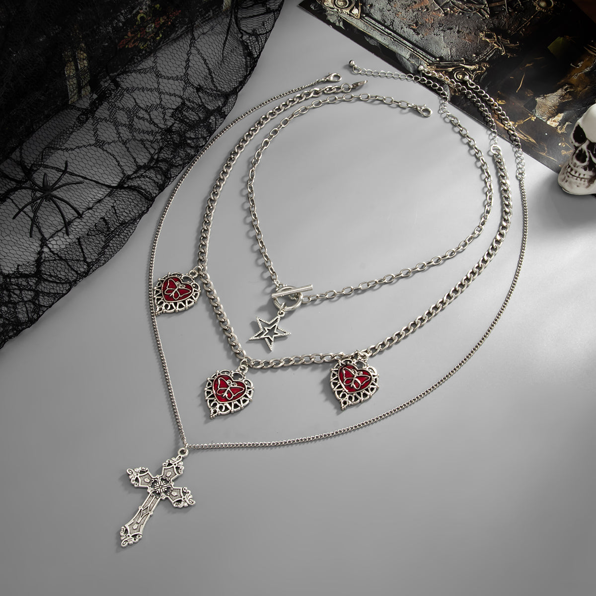 Red Enamel and Silvertone Butterfly Heart Tassel Cross Pendant Necklace Set, silver pendant necklace for women, side view