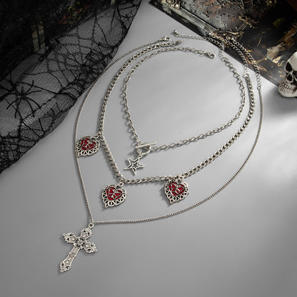 Red Enamel and Silvertone Butterfly Heart Tassel Cross Pendant Necklace Set, silver pendant necklace for women, side view