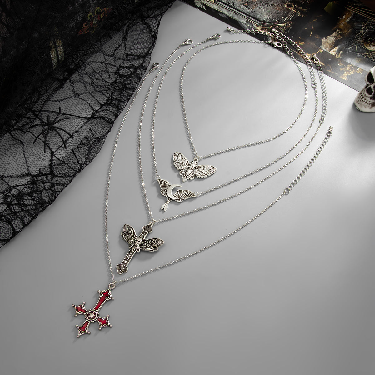 Silvertone Flying Moon Moth Cross Pendant Necklace Set, silver pendant necklace for women, everyday style, side view