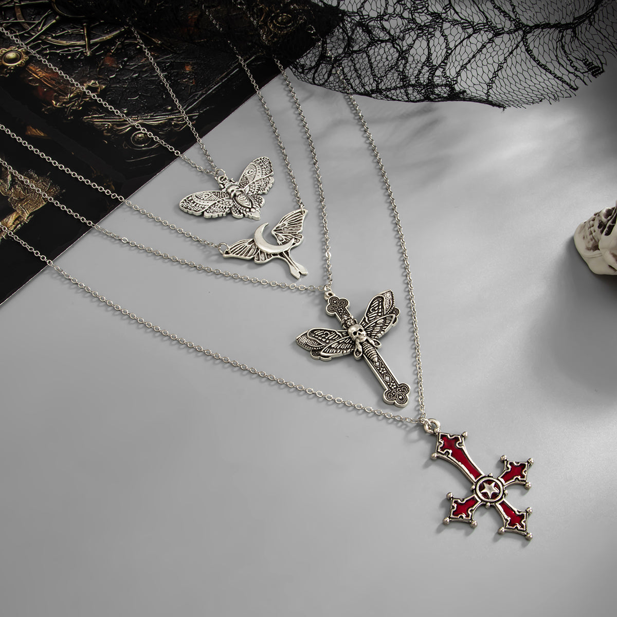 Silvertone Flying Moon Moth Cross Pendant Necklace Set, silver pendant necklace for women, everyday style, detail close-up