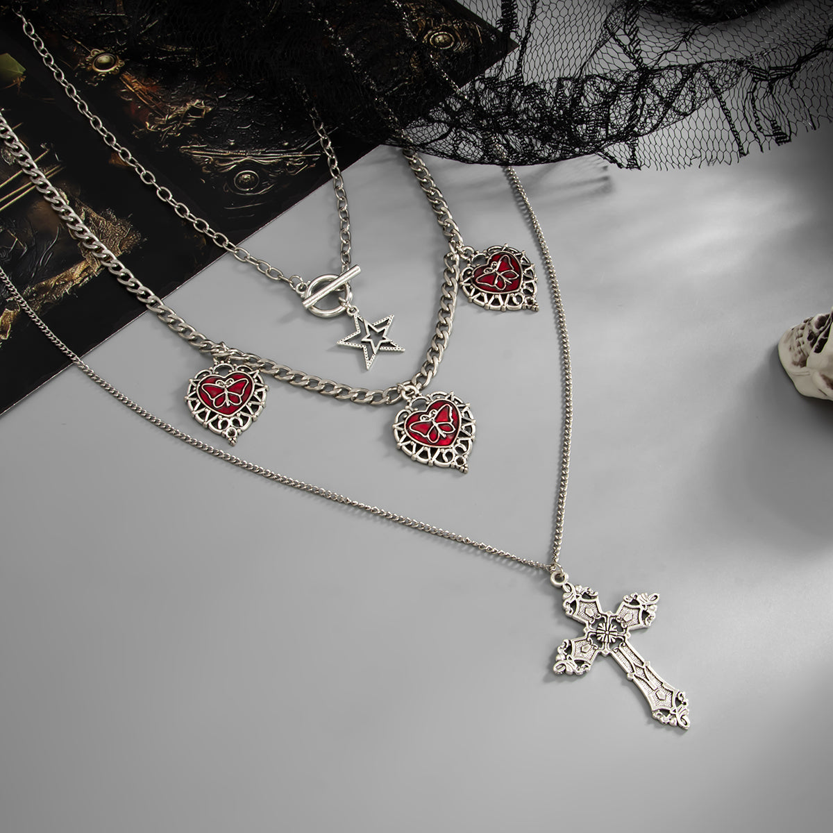 Red Enamel and Silvertone Butterfly Heart Tassel Cross Pendant Necklace Set, silver pendant necklace for..., detail close-up