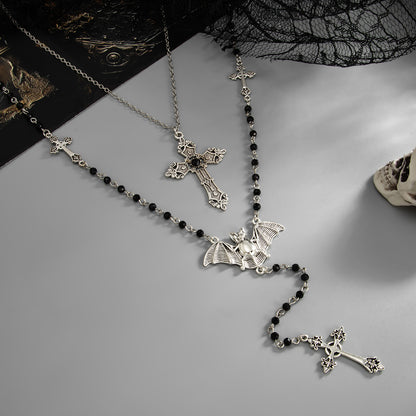 Black Acrylic and Silvertone Bat Cross Drop Necklace Set, silver pendant necklace for women, detail close-up