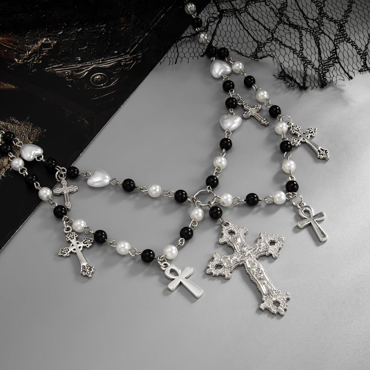 Black Acrylic and Pearl Silvertone Cross Tassel Layered Necklace, everyday style, side view