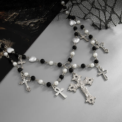Black Acrylic and Pearl Silvertone Cross Tassel Layered Necklace, everyday style, side view