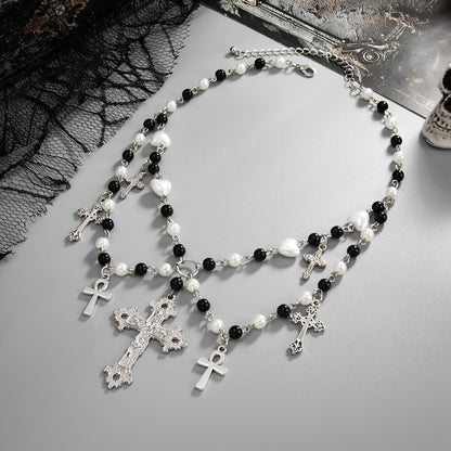 Black Acrylic and Pearl Silvertone Cross Tassel Layered Necklace, everyday style, detail close-up