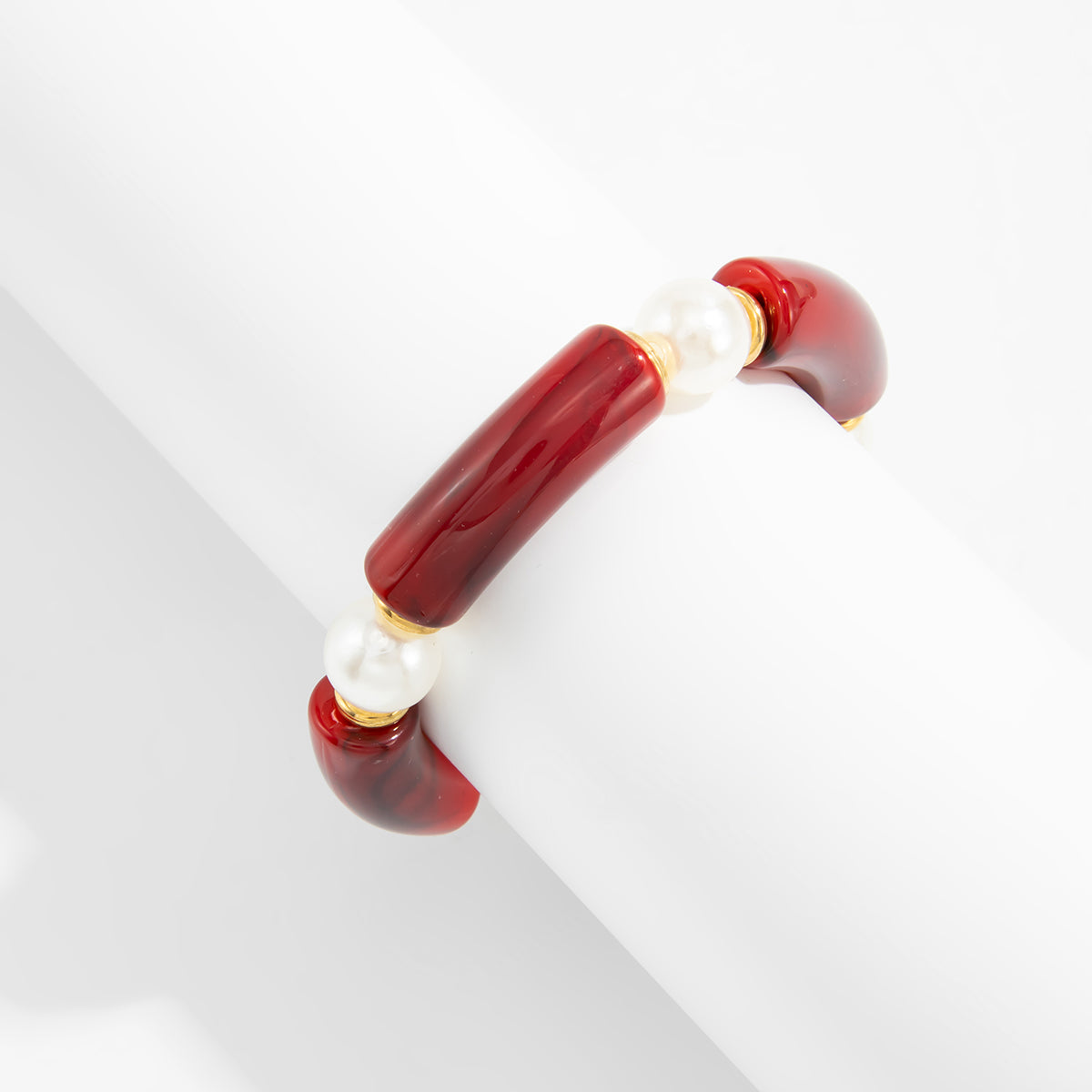 Wine Red Resin and Pearl Goldtone Sequin Joint Stretch Bracelet, dainty minimalist design, lifestyle look