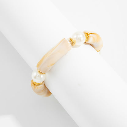 Beige Resin and Pearl Goldtone Sequin Joint Stretch Bracelet, everyday style, lifestyle look