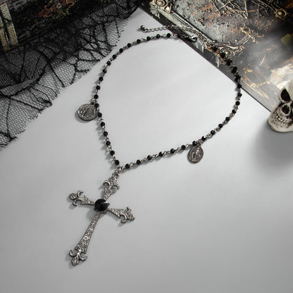 Black Cubic Zirconia and Acrylic Blacktone Coin Cross Pendant Necklace, dainty minimalist design, detail close-up