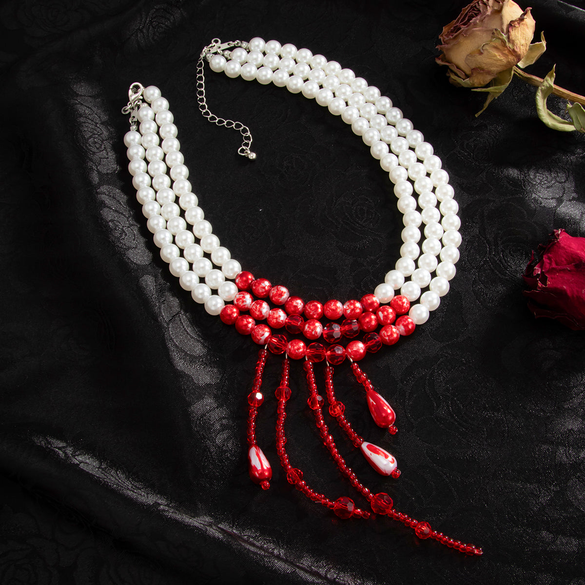 Red Acrylic and Enamel Pearl Silvertone Tassel Layered Necklace, everyday style, side view