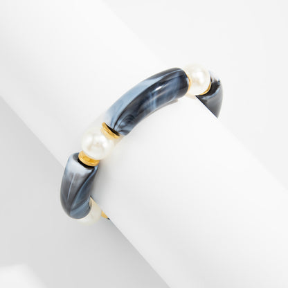 Black Resin and Pearl Goldtone Sequin Joint Stretch Bracelet, elegant gift for her, lifestyle look