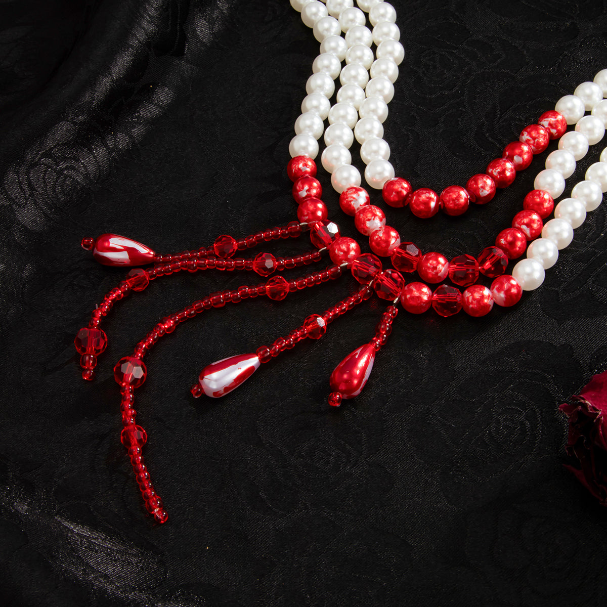 Red Acrylic and Enamel Pearl Silvertone Tassel Layered Necklace, everyday style, detail close-up