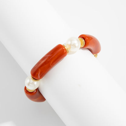 Red Resin and Pearl Goldtone Sequin Joint Stretch Bracelet, everyday style, lifestyle look