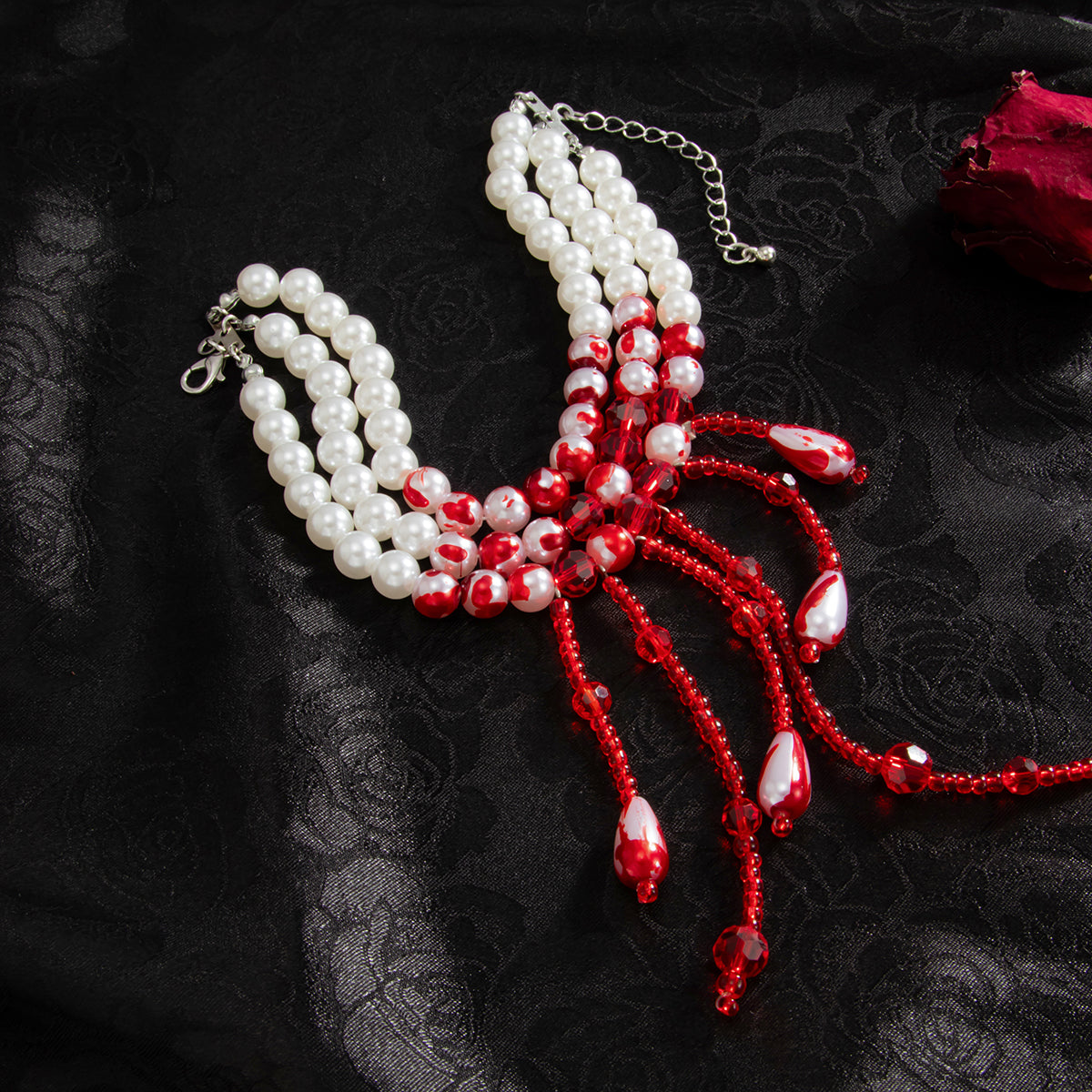 Red Acrylic and Enamel Pearl Silvertone Tassel Layered Anklet, silver anklet bracelet, vintage-inspired design, side view