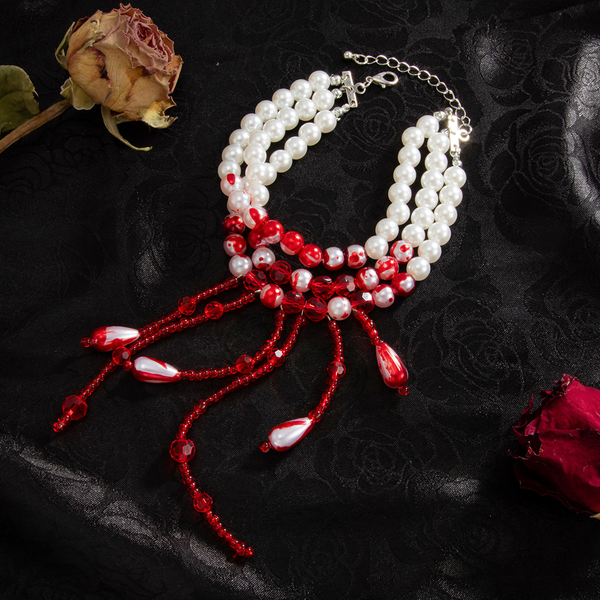 Red Acrylic and Enamel Pearl Silvertone Tassel Layered Anklet, silver anklet bracelet, detail close-up