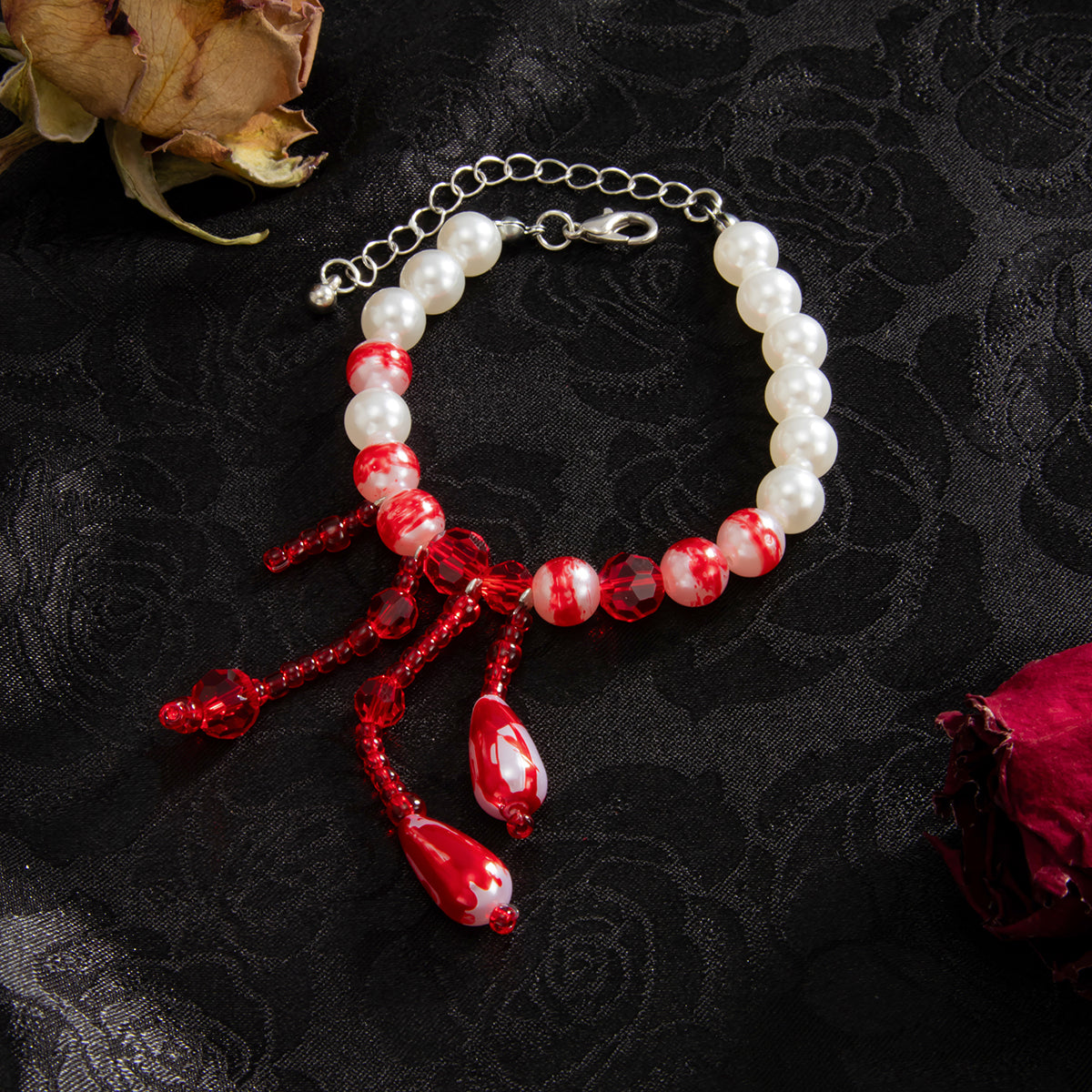 Red Enamel and Acrylic Pearl Silvertone Drop Tassel Bracelet, silver bracelet for women, dainty minimalist design, side view
