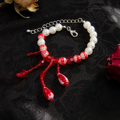 Red Enamel and Acrylic Pearl Silvertone Drop Tassel Bracelet, silver bracelet for women, detail close-up