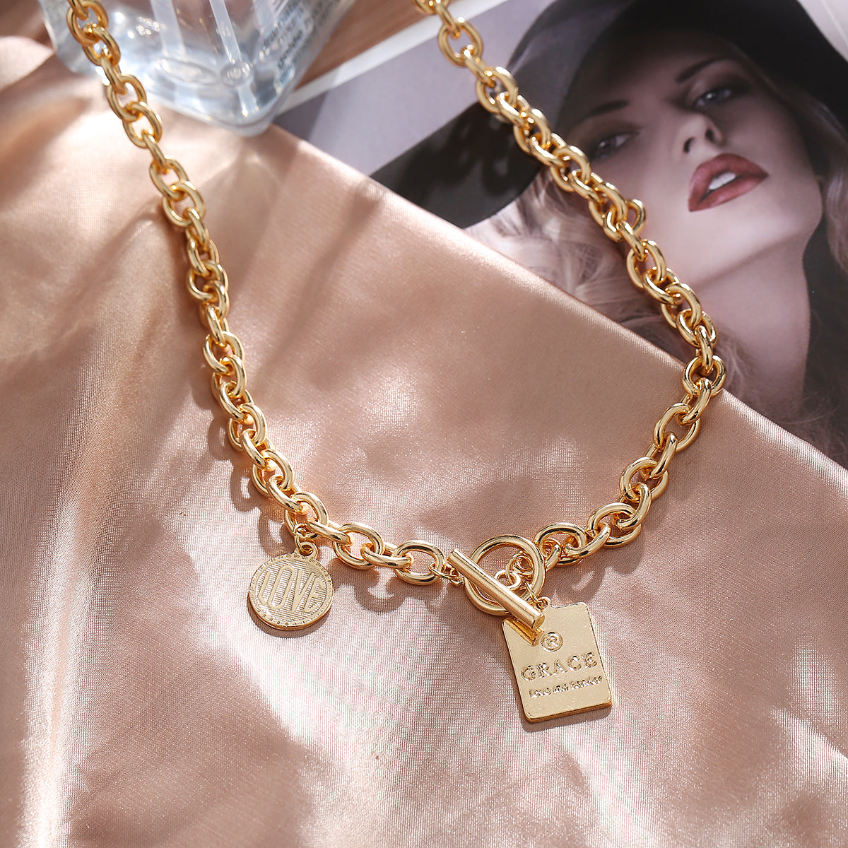 18K Gold-Plated 'Grace' Toggle Pendant Necklace, gold pendant necklace for women, vintage-inspired design, side view