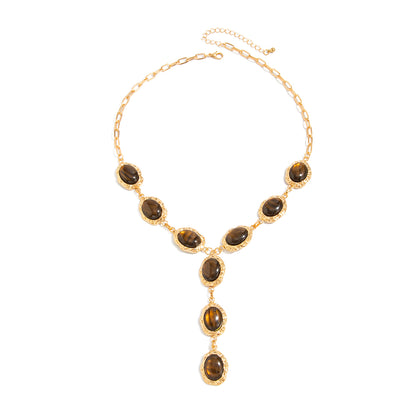 Tiger's Eye‌ and Goldtone Oval Station Y-Necklace, elegant gift for her, front view