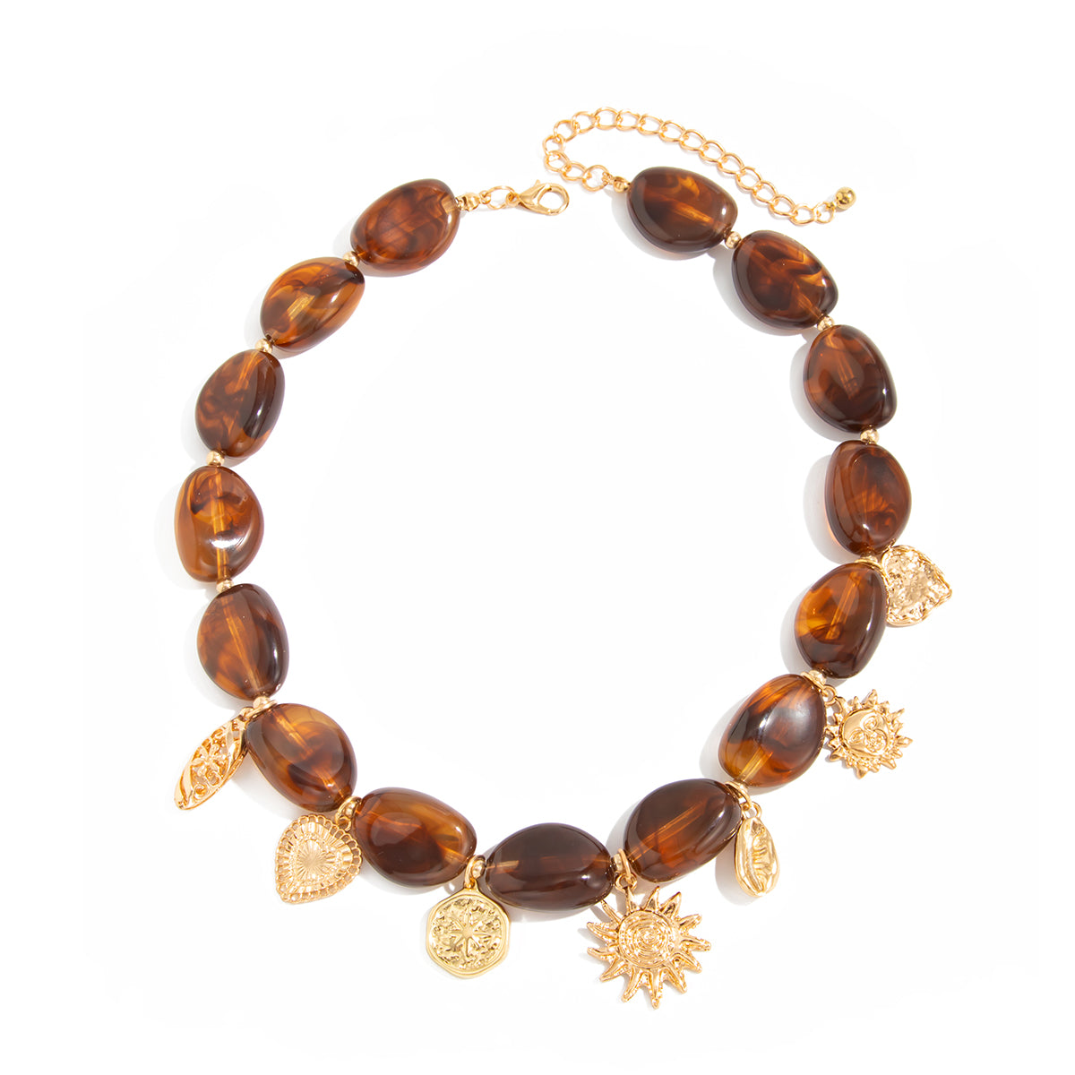 Irregular Resin and Goldtone Beaded Heart Sun Pendant Necklace, everyday style, front view