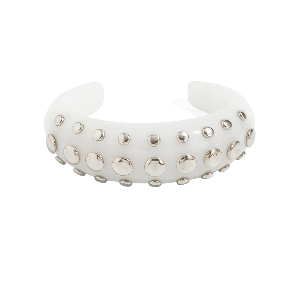 White Resin and Silvertone Layered Spot Cuff, silver bracelet for women, everyday style, front view
