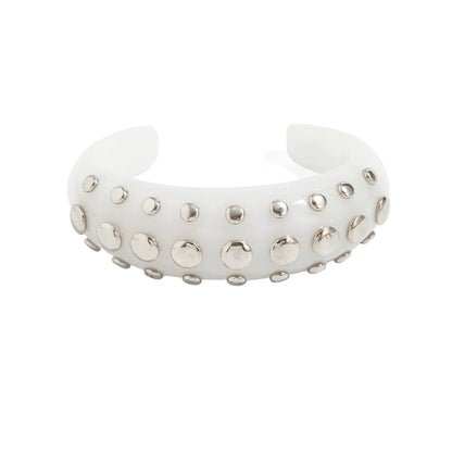 White Resin and Silvertone Layered Spot Cuff, silver bracelet for women, everyday style, front view